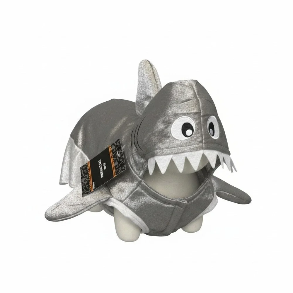 Shark Pet Costume Dog Cat‎ Halloween Outfit Silver Fin Teeth Hood